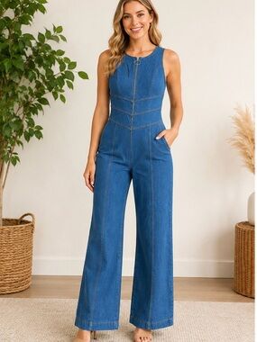 Sleeveless Blue Wide-Leg Women’s Denim Jumpsuit